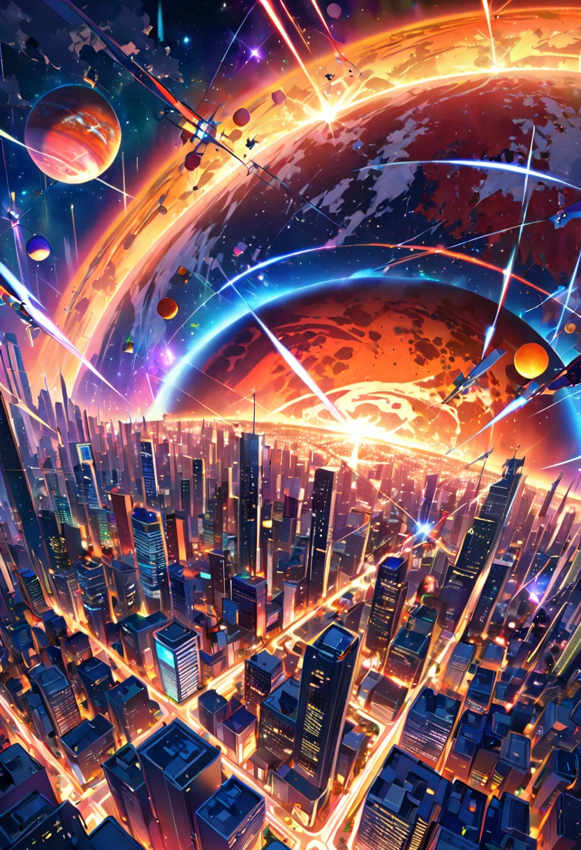 glittering concrete jungle, skyscrapers, flashy city lights, neon, street lamps, lights, palm and bamboo trees growing at the base of the planet, huge looming red, yellow and orange marbled planet, sparking cosmic rays, omens of something,