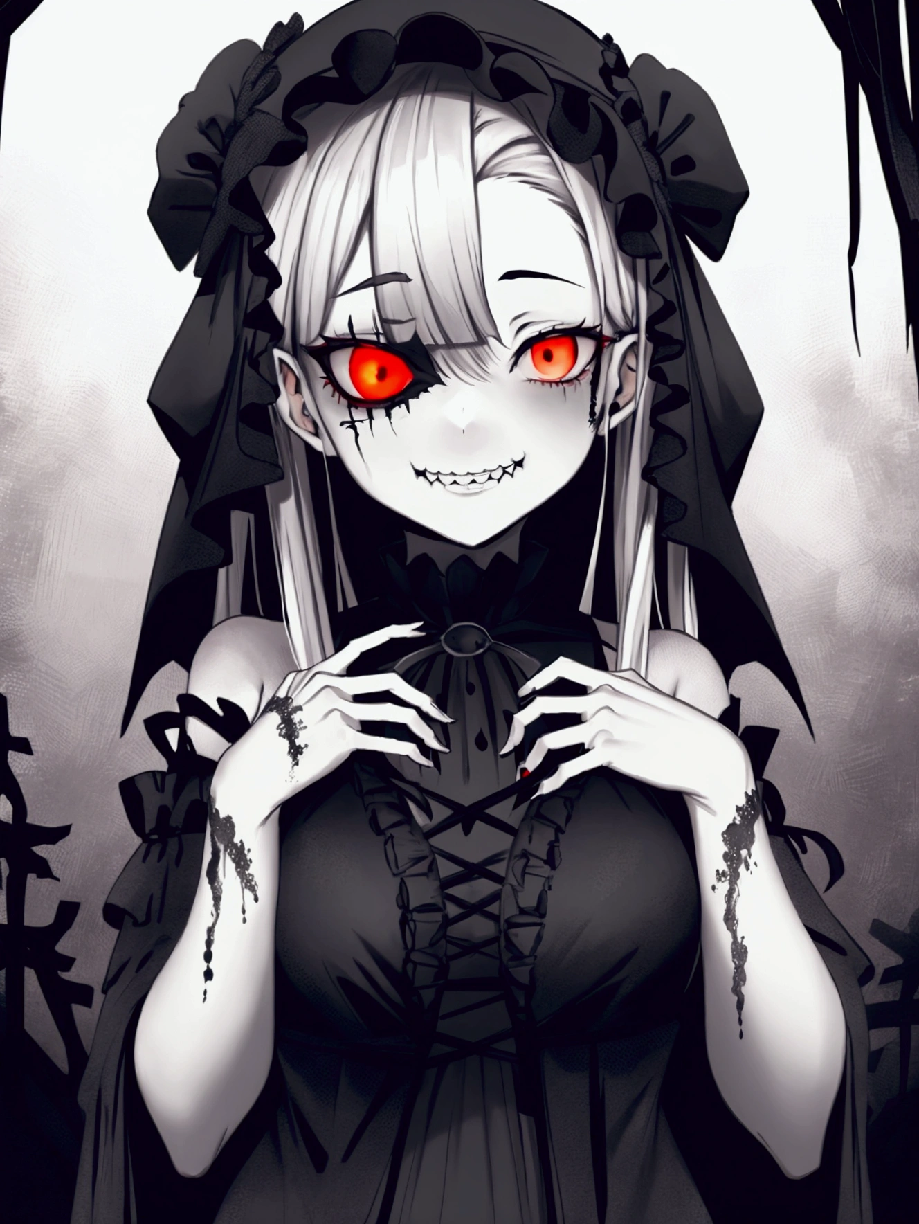 Scary, A long, tattered rag, dark, fog深い, fog, One girl, expensive, Spooky, Horror, wide Spooky smile, Red glowing eyes, Point to viewers,
