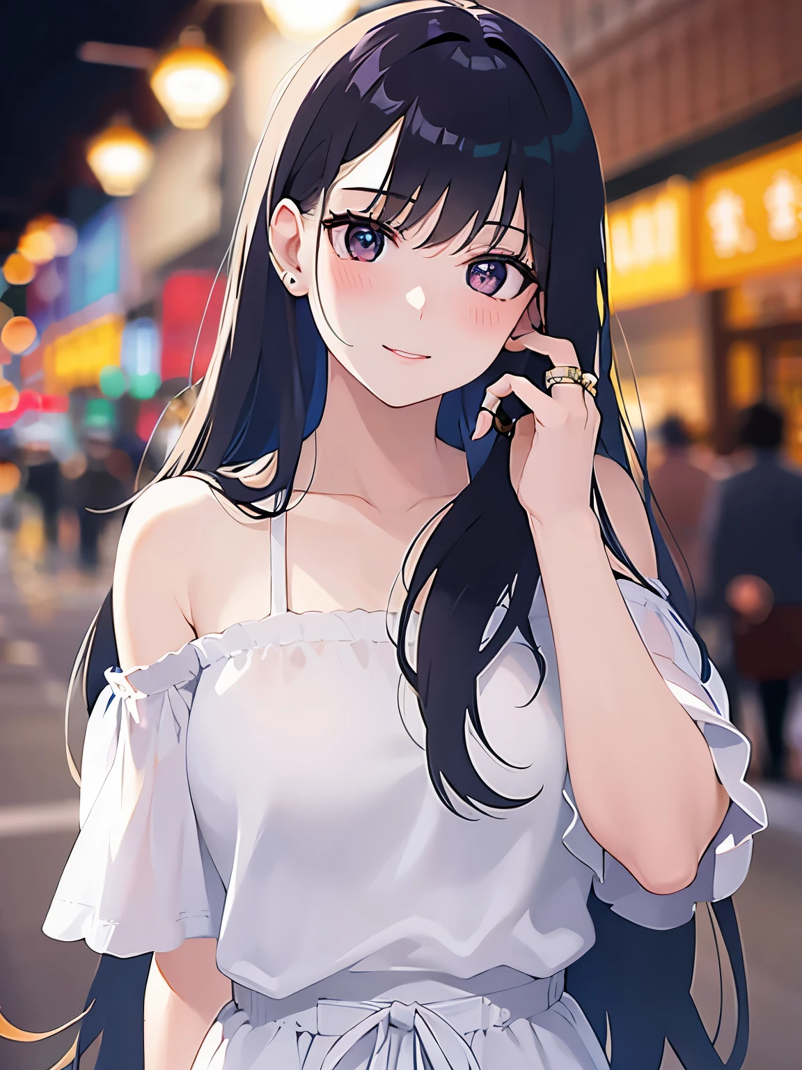 Shooting from above、hand on own chin、 cleavage、Upper Body, Realistic, real person, (pale skin: 1.2), RAW photo, photorealistic, shiny skin, shiny hair、(A 25-year-old woman with straight hair and bangs) and (medium hair) and (black hair) and (purple eyes) , white collared shirt、smile, (blush:1.3), The background is a shopping street at night、Alone、Are standing