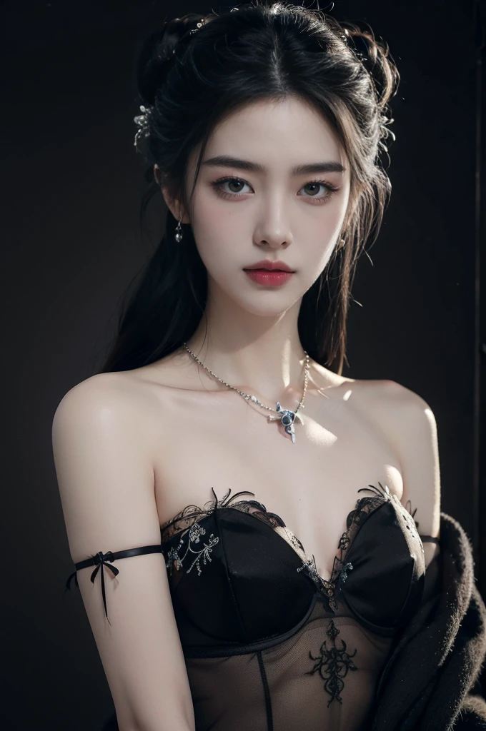 (best quality,ultra realist:1.2),A high resolution ,ultra detail, a young French courtesan of the fourteenth century, 16yo, beautiful woman in exquisite black and red costume ,Fine jewelry, like pearls and rubies. pale skin, Curly silver hair with small strands, beautiful expressive blue-grey eyes ,beautiful detailed lips,, Beautiful and elegant and delicate personality.