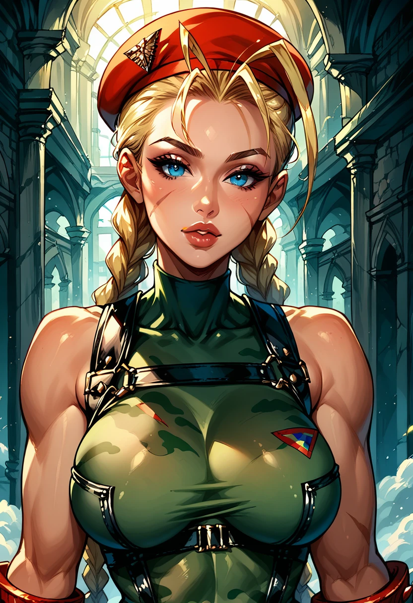 Dark Fantasy Art of score_9, score_8_up, score_7_up, rating_questionable, fantasy, lighting, epiCPhoto 1girl, very sexy (CammyWhiteSFXL, scar on cheek, blue eyes, blonde hair, long hair, twin braids, antenna hair, camouflage, red beret, large breasts, bare shoulders, green leotard, black harness, red gloves, fingerless gloves:1.2), solo, cute, flirt, gaze, sexy look, half-closed eyes, head tilt, filled lips, thick lips, makeup, face portrait, modelling shoot, sexy pose, fantasy palace setting, dark, moody, dark fantasy style