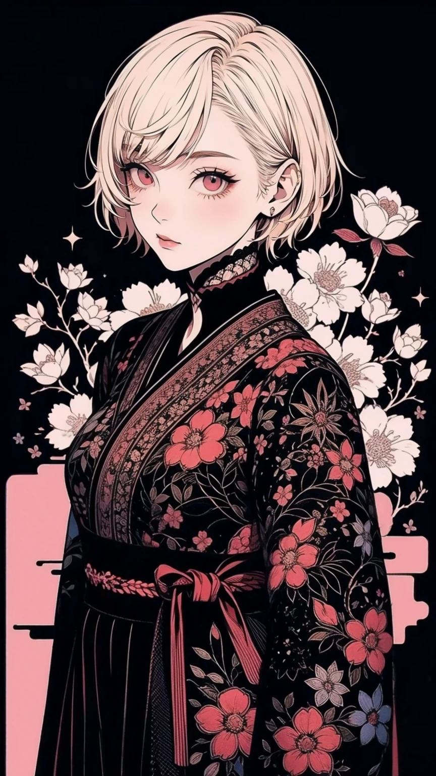 A woman standing in the darkness, Asymmetrical short blonde hair, Japanese pattern goth fashion, Colorful floral background, Abstract design, Anime Style, Digital Painting, (masterpiece, High resolution, Highest quality)