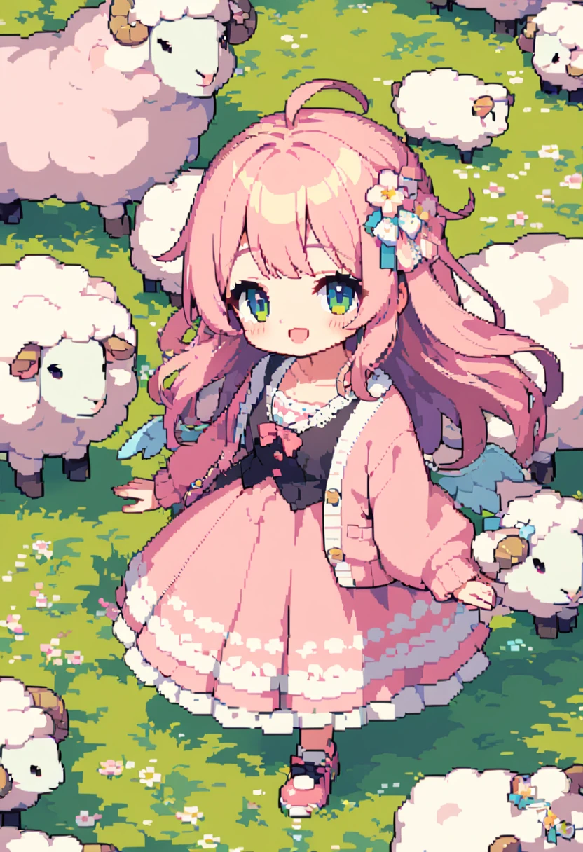 (masterpiece, Highest quality:1.3, 8k, Beautiful and detailed pixel art:1.2, Vivid, woman, 若いwoman, smile, cute, Directed at an angle, Open your mouth,Fluffy hair like a cloud, Long Hair, sheepの毛のような髪, Pink Hair, eyebrow, 太いeyebrow, one piece, Pink clothes, Long Skirt, Spread your wings, cardigan, 水色のcardigan, shoes, 茶色いshoes, grassland, sheep, もこもこのsheep, 大きいsheep, sheepの群れ, sheepに乗っている,