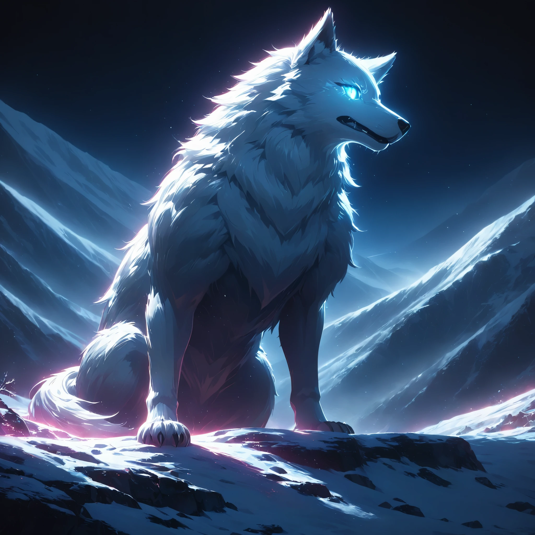 A white wolf alone on a snowy mountain, Sharp Eye, Detailed fur, Shining Eyes, Snowy landscape, Cinematic lighting, Dramatic Shadows, (Highest quality, 4K, 8k, High resolution, masterpiece:1.2), Super detailed, (Beautiful CG illustrations:1.2, Cute anime style, 劇的なatmosphere, High contrast, Cold colors, Chiaroscuro), Dramatic lighting, atmosphere, Epic Scale, Dramatic pose.