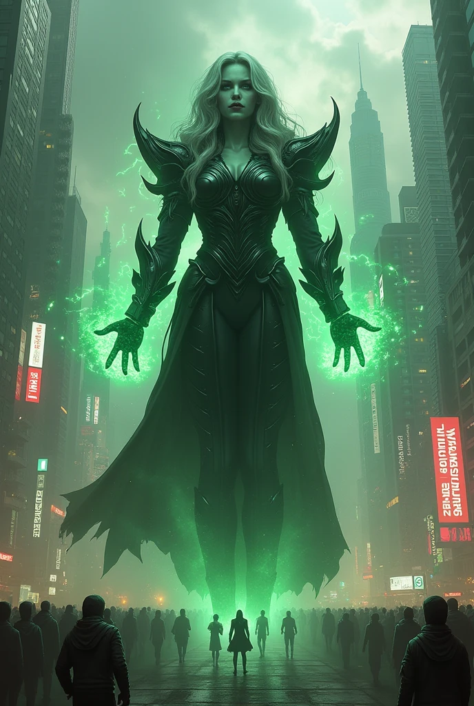 A sexy pose of a Beautiful and powerful evil supervillain woman with short black hair in a layered bob, green eyes, and red lips, a sadistic grin across her face. She is wearing a sleek skintight red and black high tech power armor and radiating energy. Destroying, Evil wins, destroyed city, lots of bodies of costumed heroes litter the ground.