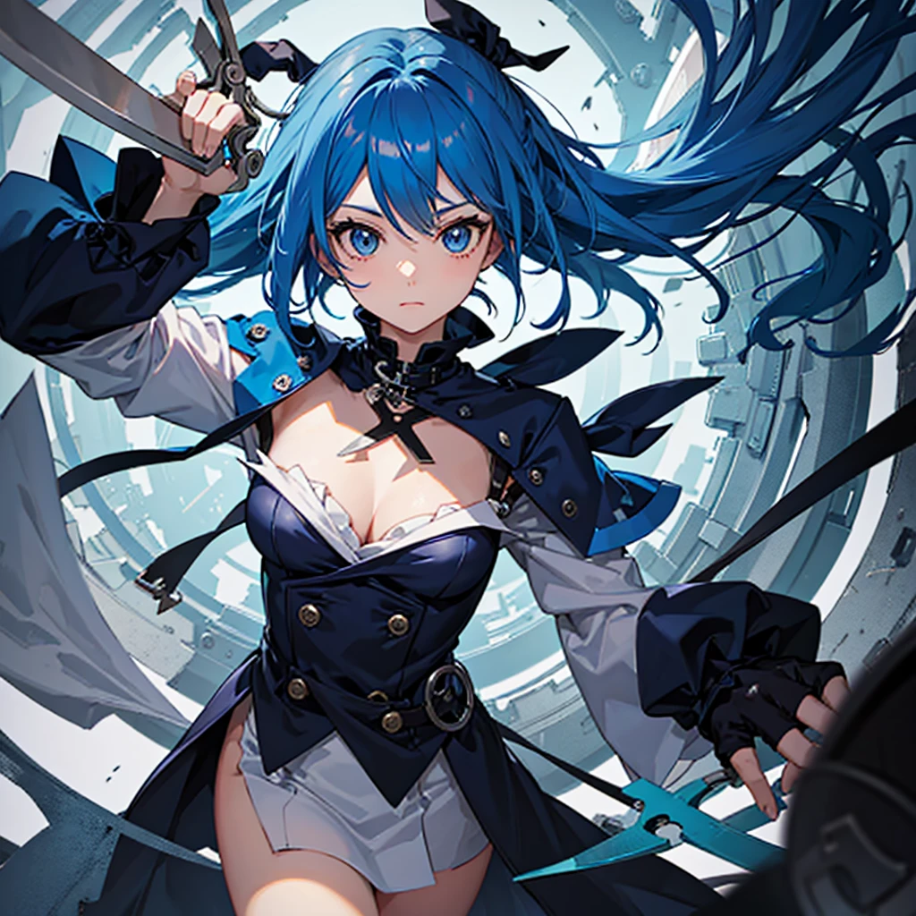 1 girl, AKIRA_Raby, Giant Figure Hair and clothing details in blue, hololive, pretentious smile, glare eyes, low lighting, average quality, Afternoon