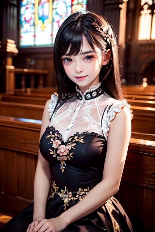 nsfw, sexy stylish Thai model, only 1 female, ((doll-like appearance)), short Mahogany stylish hair, ((shiny Victorian-Style boots)), (big smile), ultra detailed eyes, vivid eye makeup, lipgloss, long lashes, defined eyebrows, ((sexy Paradise Kiss cosplay)), bell-shaped skirt, petticoats, high neckline, puffed sleeves, ((ultra detailed lace)), ((ultra detailed embroidery)), intricate details, Paradise Kiss accessoires and matching headpiece, choker, ((large sparkling Paradise Kiss jewelry)), cinematic light, detailed large park background with trees