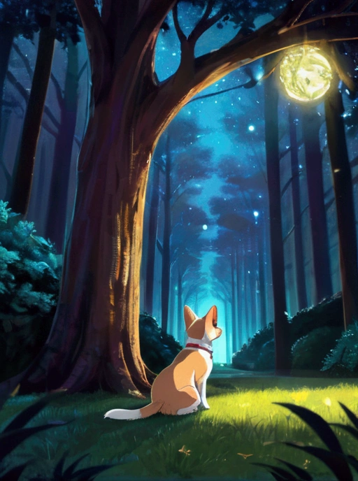 On a night like this, when the stars are twinkling, a cute cat is looking around, and a cute corgi dog wearing sunglasses is peeking in like a horror stalker from a gap in the shade of a tree a little distance away., , Sparkle Effect, moving line, Blurred, Optical illusion, anime, Ghibli-style colors,  cyberpunk  psychedelic Flashbeam