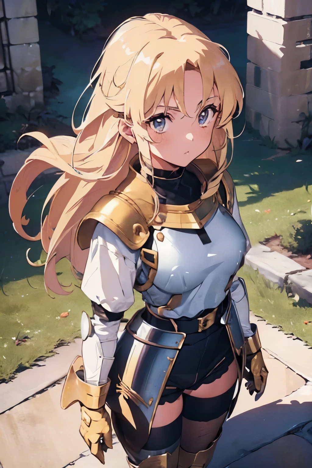 ((ultra-detailed)), (beautiful detailed eyes), (1girl), full body, knight, armour, light hair, expressive eyes, perfect face, Girl: (20s, blonde hair, long hair, white shirt, gold armour, black gloves, knee boots, white pantyhose, black shorts, plate armour), dungeon, brick floor, stone floor, underground, moss, walking, armor, retro anime, 1990s anime, (cinematic lighting), (illustration), anime, (masterpiece))), (((best quality))), best quality