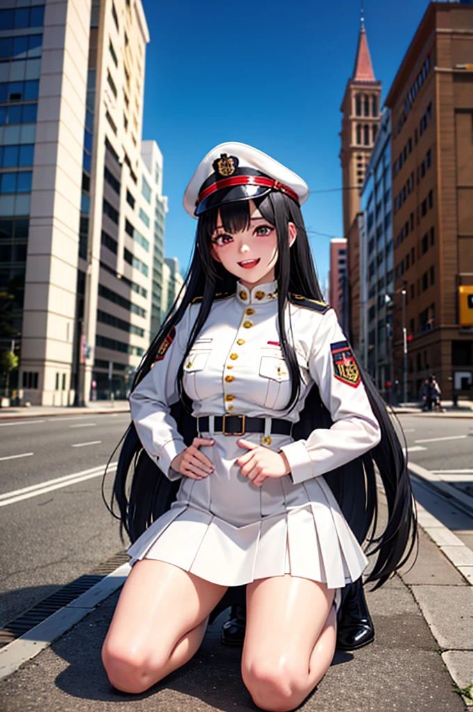 1girl, huge breasts, narrow waist, thighs, curvy, scenery, <lora:takao_SD1.5_v1.0:0.6>, takao_\(azur_lane\),ponytail, black_hair,long hair, military_uniform,white_gloves, white_skirt, pantyhose
