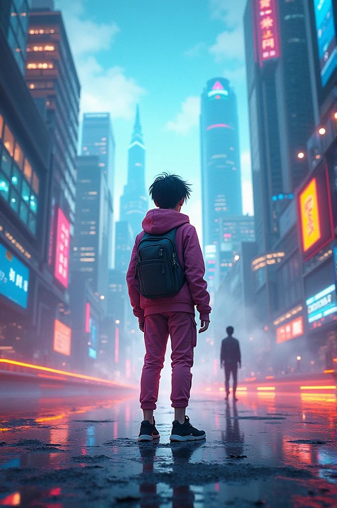 Boy standing in neon light city named Shah Jhan