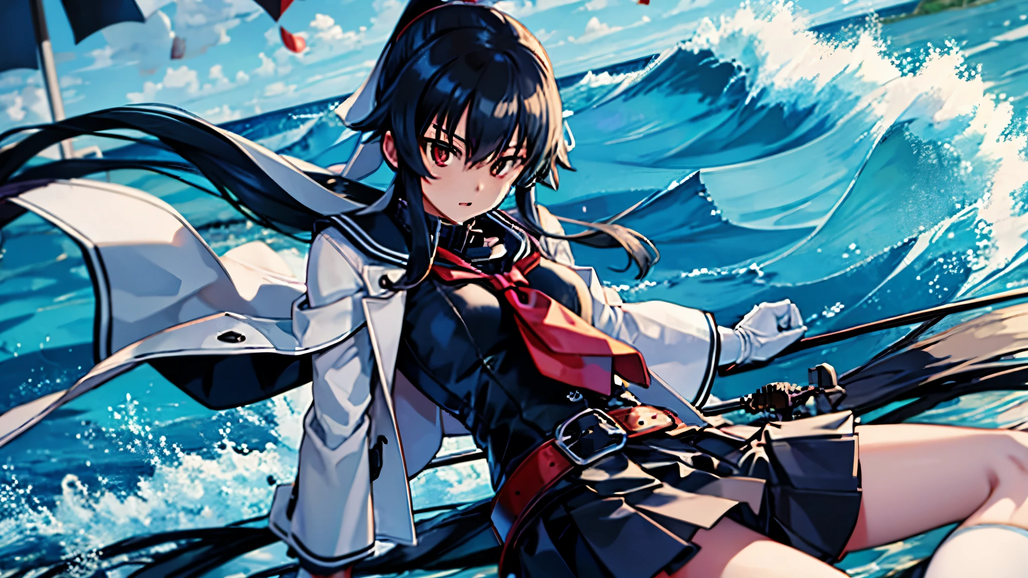 Highest quality, masterpiece, High resolution, 1 person, {Fleet Collection_Yao:1.15}　yahagi_kantaicollection　Long Hair、black髪、ponytail　サイドロック black_belt, black_[Sailor suit_collar, Long sleeve, [Sailor suit_collar, shirt, belt_buckle, black_skirt, プリーツskirt, white_gloves, white_shirt, buckle, button, jacket, orange_neckerchief, black_Knee-high socks　Ocean　Ocean上　Raging waves　Brave expression　翻るskirt　Uplifting