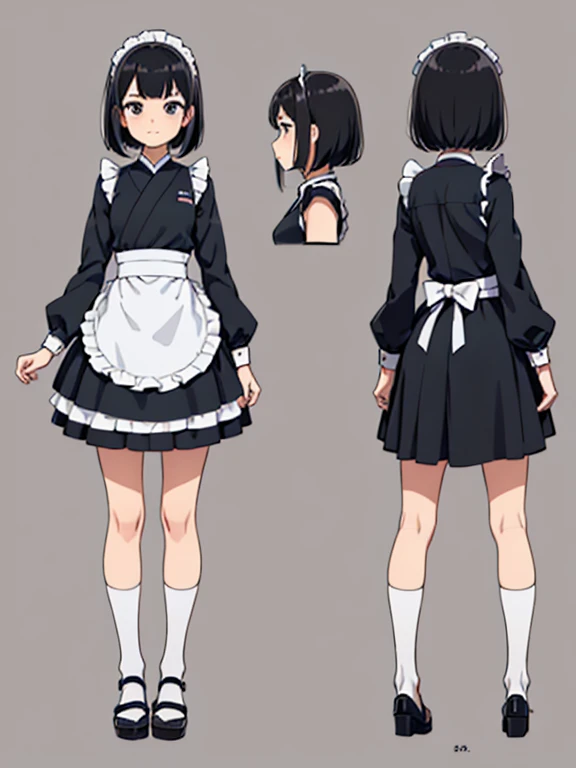 ((Highest quality)), ((masterpiece)), (detailed), ((three view drawing)), ((front and back and side)), ((character sheet)) One girl, ((three views)),Maid clothes,Short Bob,Three white eyes,Simple Background,front,beside,behind,Black Hair,Japanese,Simple hairstyle,Bob Hair,Foxy face,((Character setting diagram)),Asian,Tree Eyes,Duck mouth,whole body,Small breasts,シンプルなMaid clothes,Bad look in the eyes,Concept Art,Asian Face,Three directions,adult
