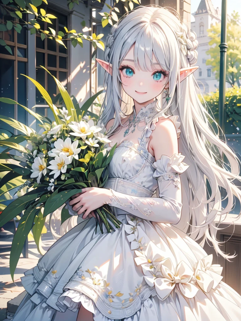 masterpiece, best quality, 1lady, ultra detailed, ultra highres, 8k, well-definded facial features, anatomically correct, cute lady, long pointy ears, elf, nice face, silver hair, green eyes, holding bouquet, smile, Belle Epoque,