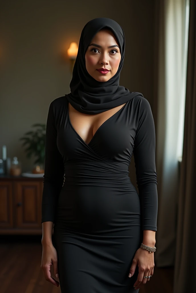 A (mature (age 40) curvaceous Malaysian woman, hijab no hair showing, silk magic gown), is a witch summoning a mythical monster into a magic circle