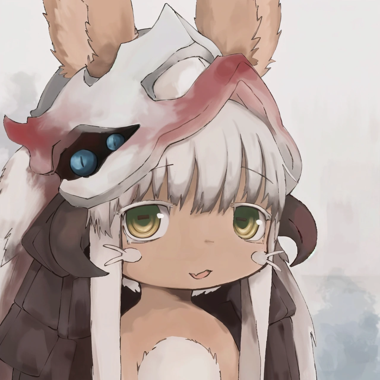 nanahi-default,narehate, nanachi (made in abyss),green eyes,white hair,long hair,furry,animal ears,ears through headwear,helmet,tail,puffy pants