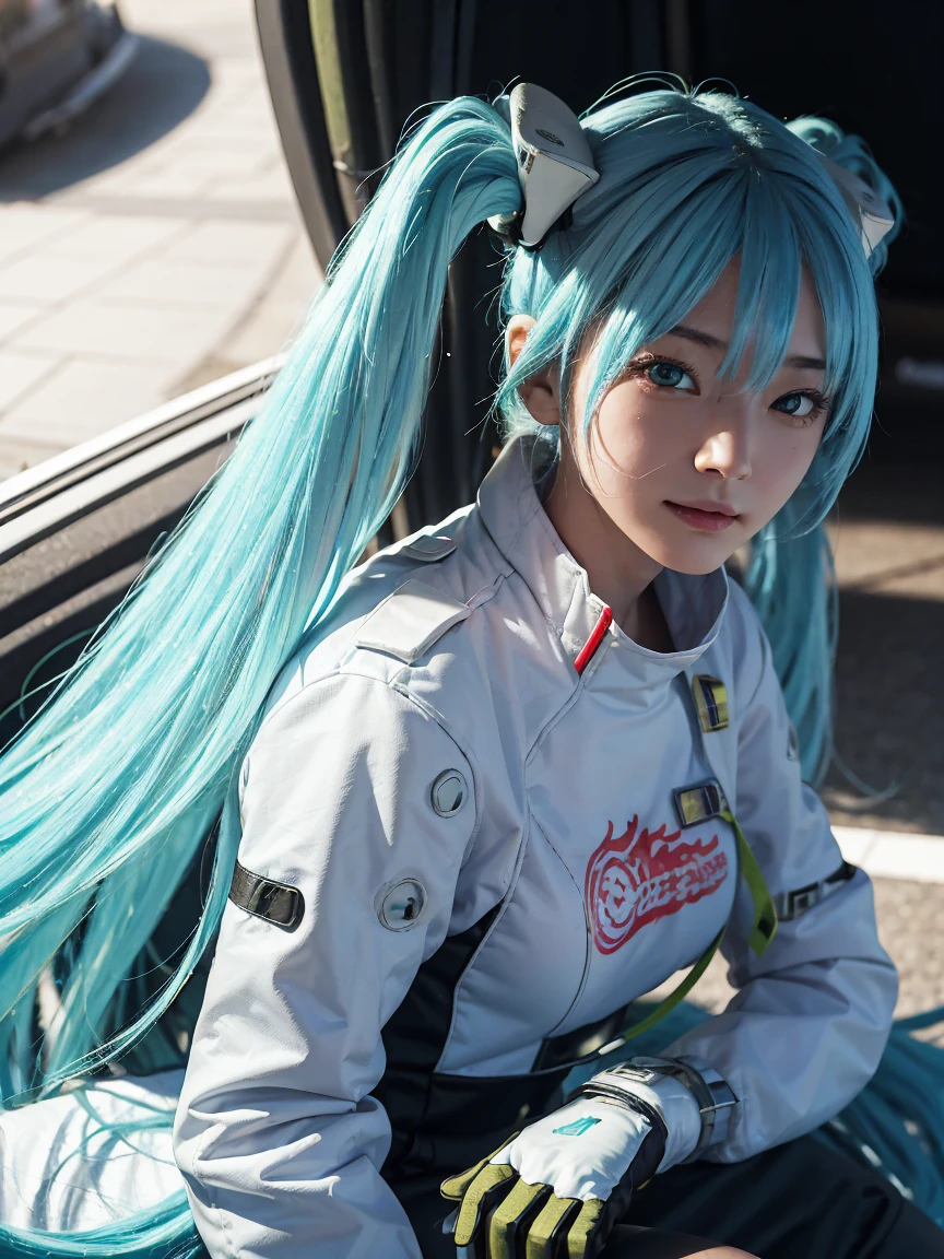 1girl, upper body,close-up, 128k, RAW photo, best quality, masterpiece,realistic, photo-realistic,
BREAK  (masterpiece, highest quality, super detailed, best shadow, volume lighting), (beautiful detailed face, beautiful and fine eyes), (best illumination),masterpiece,(super detailed),
BREAK smile, car, racecar, circuitry, racing Miku, black bodysuit, cropped jacket, white jacket, long sleeve, Two-tone gloves, thigh boots,(Aqua blue hair), big breasts
