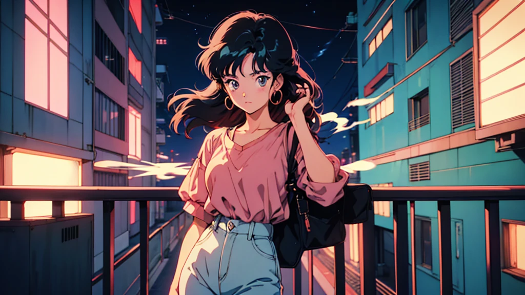 Anime girl on retro balcony, Anime atmosphere of the 80s, 80s anime style, Retro Anime Girl, 1980's anime style, retro anime images, anime atmosphere, smoking a cigarette, night