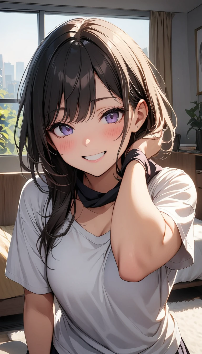 Takiuchikami, Check it out, Long Hair, bangs, Black Hair, (Purple eyes:1.2),happy smile, smile, Close your mouth,Sweat,White Tank Top,Checked skirt, Heeled Sandals,Walking,Daytime,Clear skies,whole bodyがイラストに入るように,
break outdoors, countryside,
break looking at viewer, whole body,
break (masterpiece:1.2), Highest quality, High resolution, unity 8k wallpaper, (figure:0.8), (Beautiful attention to detail:1.6), Highly detailed face, Perfect lighting, Highly detailed CG, (Perfect hands, Perfect Anatomy),