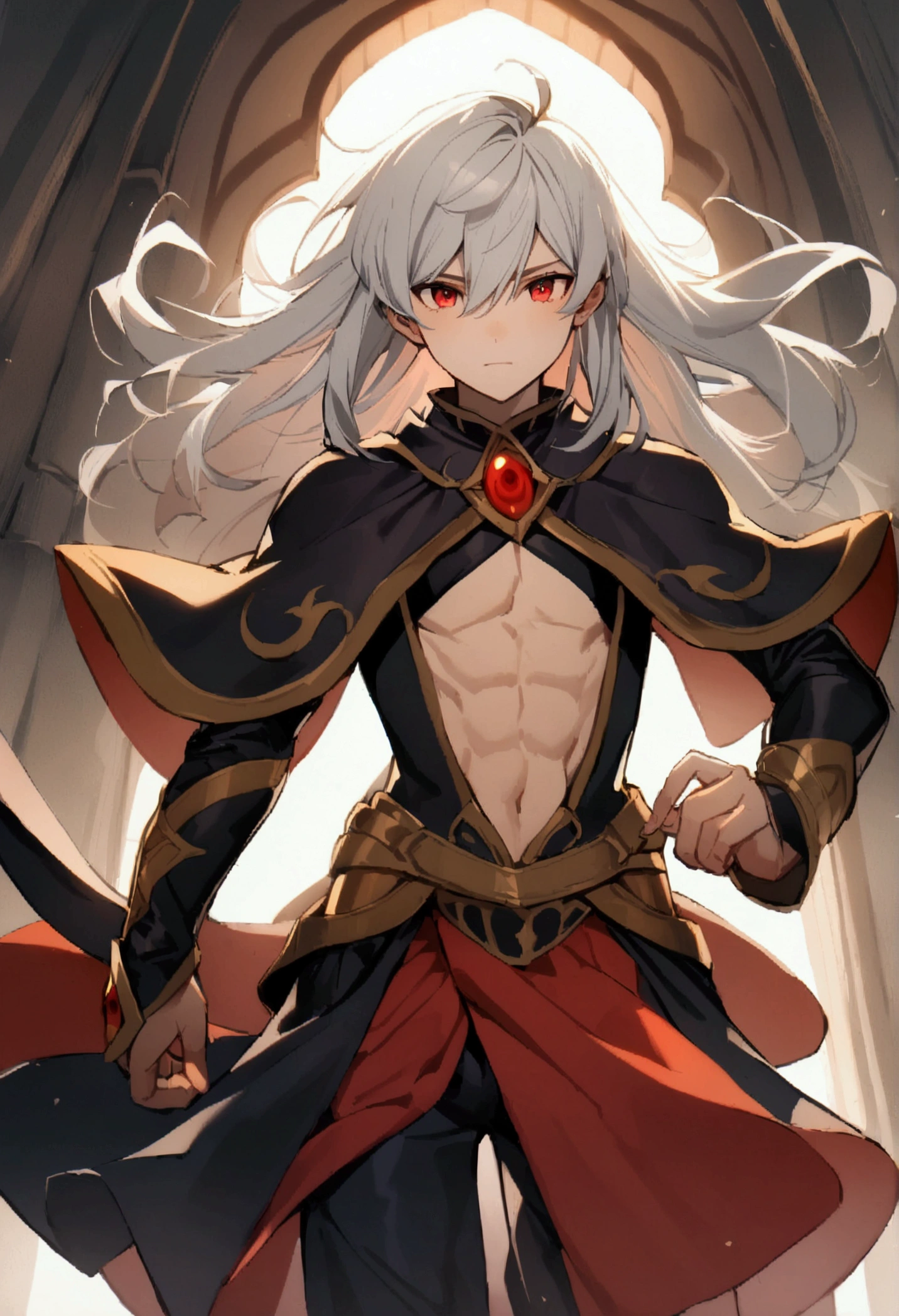 "Stunningly detailed anime sketch of a solo ((Huge and muscular)) ((handsome)) ((dark-skinned)) demon boy with short white hair and red eyes. Seductive smile. He exudes maturity and has striking red and black crown-like horns. Dressed in demonic fantasy clothes, including a black capelet and a red and black demonic aura, he resembles a dark prince."