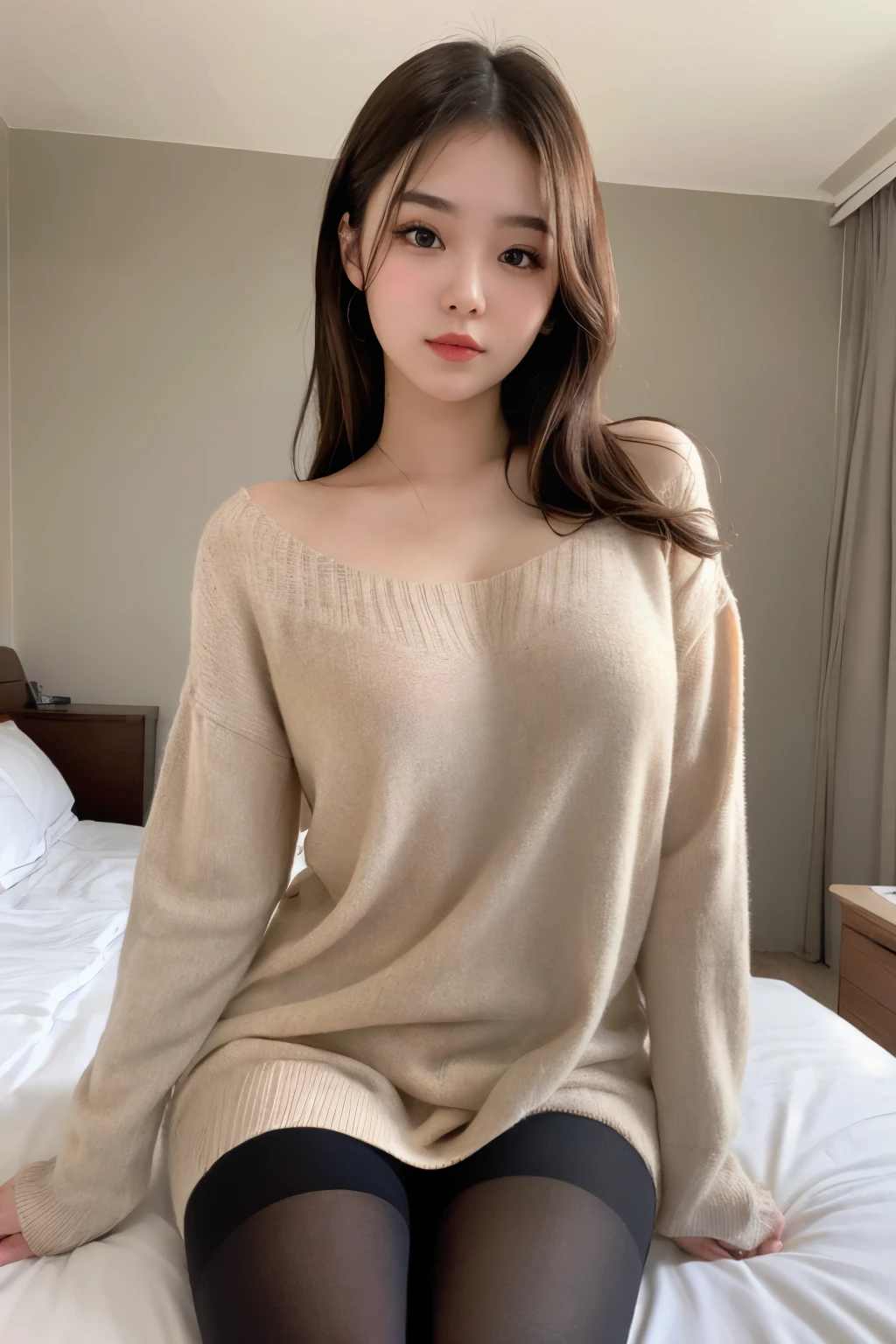 muste piece, best quality, illustration, Super detailed, fine details, High resolution, 8K,wall paper, perfect dynamic composition,(Details High quality, realistic depiction of eyes:1.3), (Fashionable, Beige oversized sweatshirt、long-sleeve), straight hair, large breasts, black hair color, Big Natural Color Lip, (perfect body shape), crying a little、cold gaze, Harajuku style、20 year old girl、cute type、lolita、beautiful legs, hotel room, Gravure Idol, Voluptuous thighs, (woman on top, straddling, sitting)