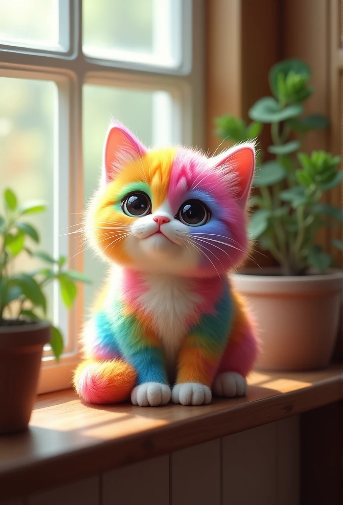 colorful、Fluffy cat，Baby Cat、very cute，，Mofumofu、Mofumofu、Ultimate HD image quality、Ultra-high resolution、Attention to detail、Highest quality、Seven Colors、Rainbow colors, clumsily tangled in a small red cape. The cape is wrapped around his body awkwardly, with his face peeking out comically. The background shows the living room, with toys scattered around.

