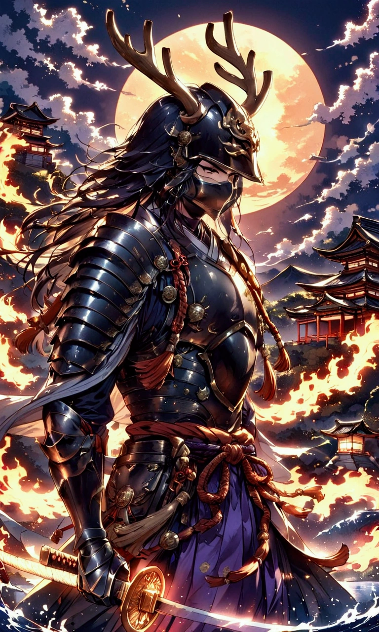 A mighty samurai stands tall at twilight, his silhouette framed by the soft orange and purple hues of the setting sun. In his hand, he wields a burning katana, flames dancing along the blade with fierce intensity. His armor, a mix of blackened steel and intricately woven laces, reflects the fire’s glow. The samurai’s face is hidden behind a menacing mask, only his intense eyes visible beneath his kabuto (helmet), which is adorned with antler-like crests. Behind him stretches a breathtaking Japanese landscape: a distant temple atop a hill, cherry blossom trees swaying in the cool evening breeze, and the serene reflection of the scene on a tranquil pond. The twilight sky casts a magical ambiance, while lanterns flicker softly, lighting the path toward the temple. The samurai’s stance is firm, ready for battle, as his burning katana illuminates the ancient land.