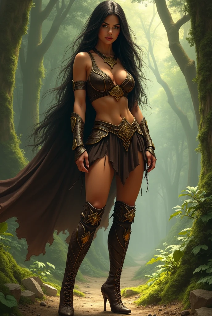 intricate detailed portrait of a beautiful black amazon warrior woman, 1 woman, long flowing straight black hair, intense focused expression, powerful muscular physique, wearing tribal leather armor, holding spear, in lush jungle forest environment, sunlight filtering through trees, (best quality,8k,ultra-detailed,realistic:1.37),vibrant colors,dramatic lighting,cinematic composition, Long Dress