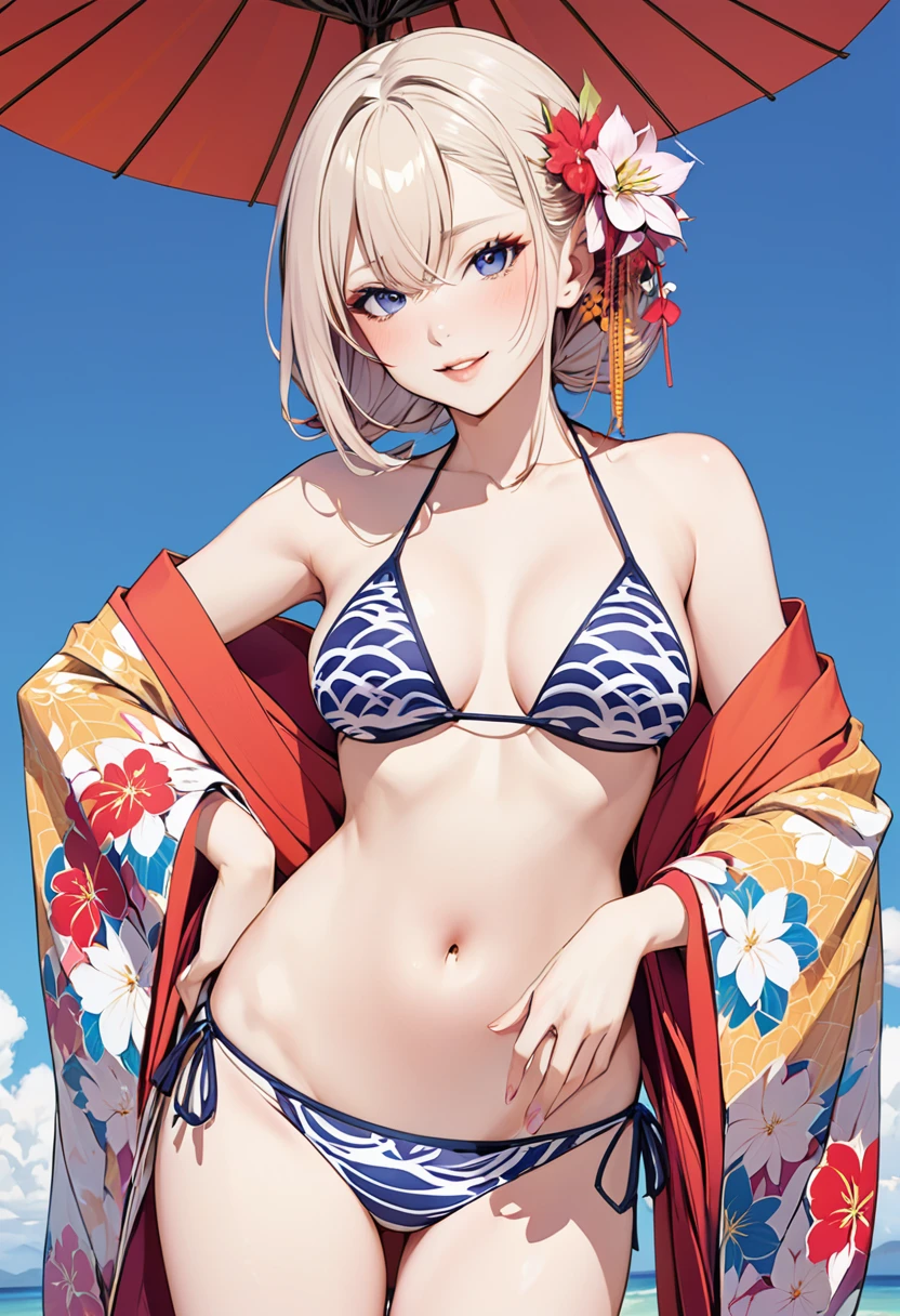 ​masterpiece, top-quality, Chisato Nishikiki、Standing picture、Platinum Blonde Hair、Anime girl with red eyes,bob cuts,Anime visuals of cute girls,Smooth Anime、an anime girl、Bikini with blue、、a straw fedora hat、Beach、mare、Staring at this、frontage、A smile、Fold your hands behind your back