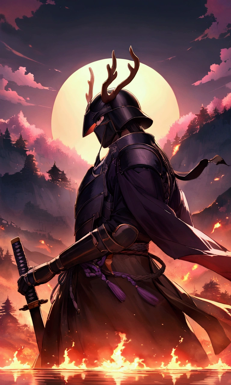 A mighty samurai stands tall at twilight, his silhouette framed by the soft orange and purple hues of the setting sun. In his hand, he wields a burning katana, flames dancing along the blade with fierce intensity. His armor, a mix of blackened steel and intricately woven laces, reflects the fire’s glow. The samurai’s face is hidden behind a menacing mask, only his intense eyes visible beneath his kabuto (helmet), which is adorned with antler-like crests. Behind him stretches a breathtaking Japanese landscape: a distant temple atop a hill, cherry blossom trees swaying in the cool evening breeze, and the serene reflection of the scene on a tranquil pond. The twilight sky casts a magical ambiance, while lanterns flicker softly, lighting the path toward the temple. The samurai’s stance is firm, ready for battle, as his burning katana illuminates the ancient land.