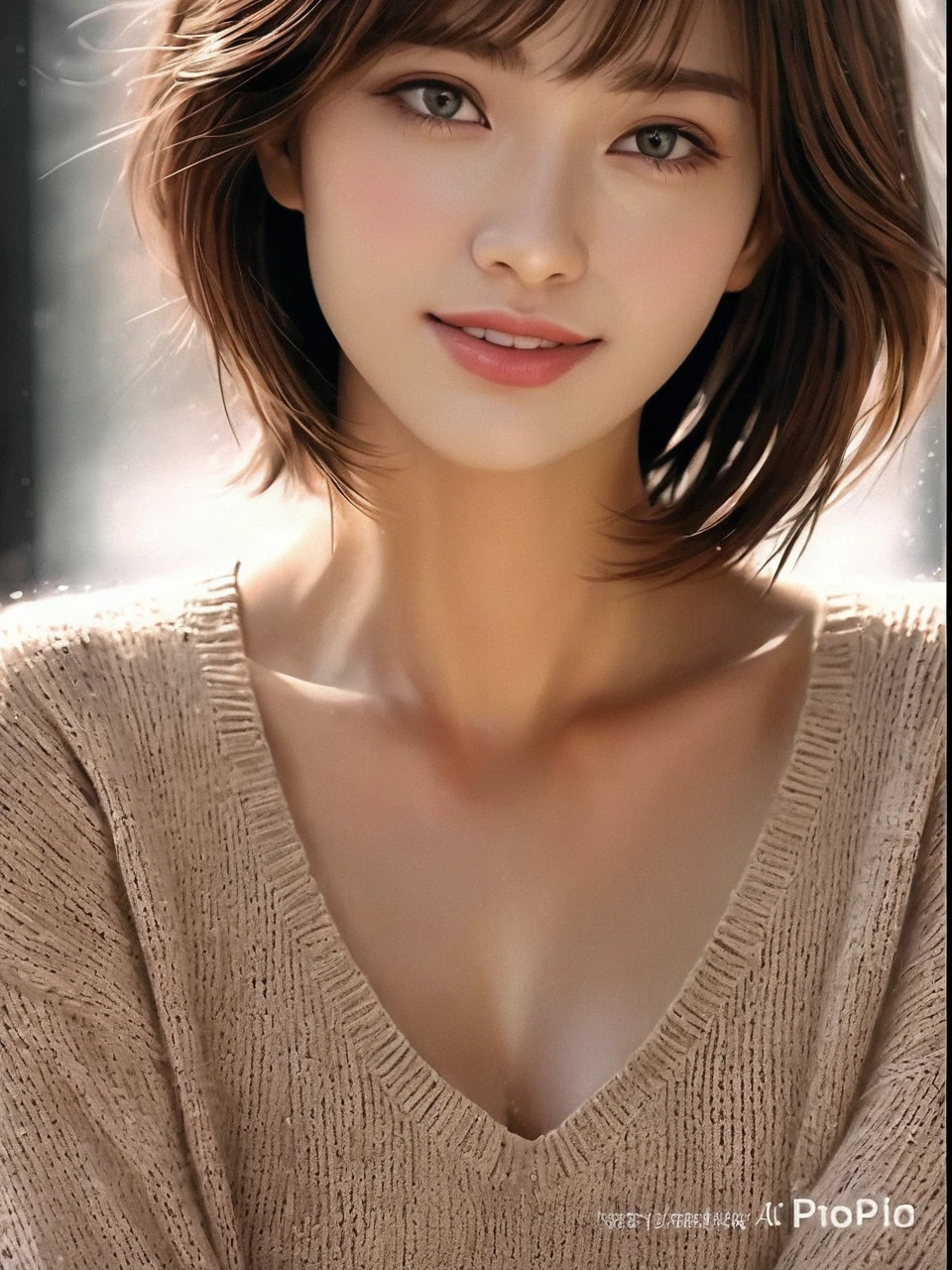 (Representative Works: 1.3), (8k, photorealistic, raw photos, Highest image quality: 1.4), (30 years old mature woman),small face, beautiful face, (realistic face),no makeup、natural makeup、light makeup、 (Dark brown, short hair: 1.3), beautiful hairstyle, realistic eyes, beautiful detailed eyes, (Photorealistic skin), beautiful skin, (sweater),small chest、Bust B Cup、 disorganized, Charm, 超High definition, Super realistic, High definition, golden ratio, FF Tifa、Gray background、