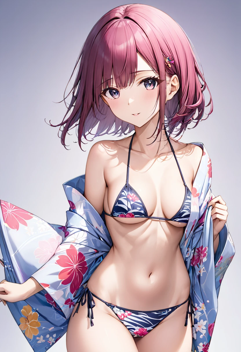 masutepiece, The upper part of the body, 1girl in, Solo,, Pink tones, Manga style, pink cherry blossoms nearby,14years, Pink hair、swim wears, The navel is visible、(White background), Looking at the viewer, side front pose
