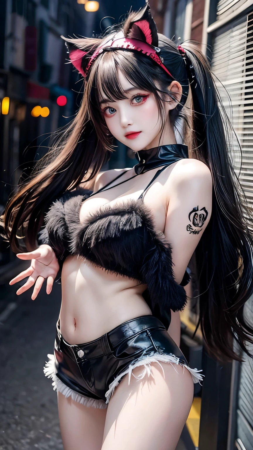 ,#Quality(8k,best quality,masterpiece,cinematic),solo,#1girl,,((She blushing cheeks and a narrow mouth sucking on PENIS:1.3)),(deep throat),(blowjob),(cute,kawaii,small kid,smile,hair floating,black hair and mesh by white,twin tail hair,nose blush,pale skin,skin color blue,eyes are red,red eyes shining,big eyes,ripped clothes:1.8,tight tube top,breast,tight hot pants,dynamic pose:1.6,bust shot:1.4,portrait:1.6,stomach seen little,punk fashion),#background(outside,cyberpunk metropolis,back alley,narrow street,dark,neon lights,night time),dynamic angle