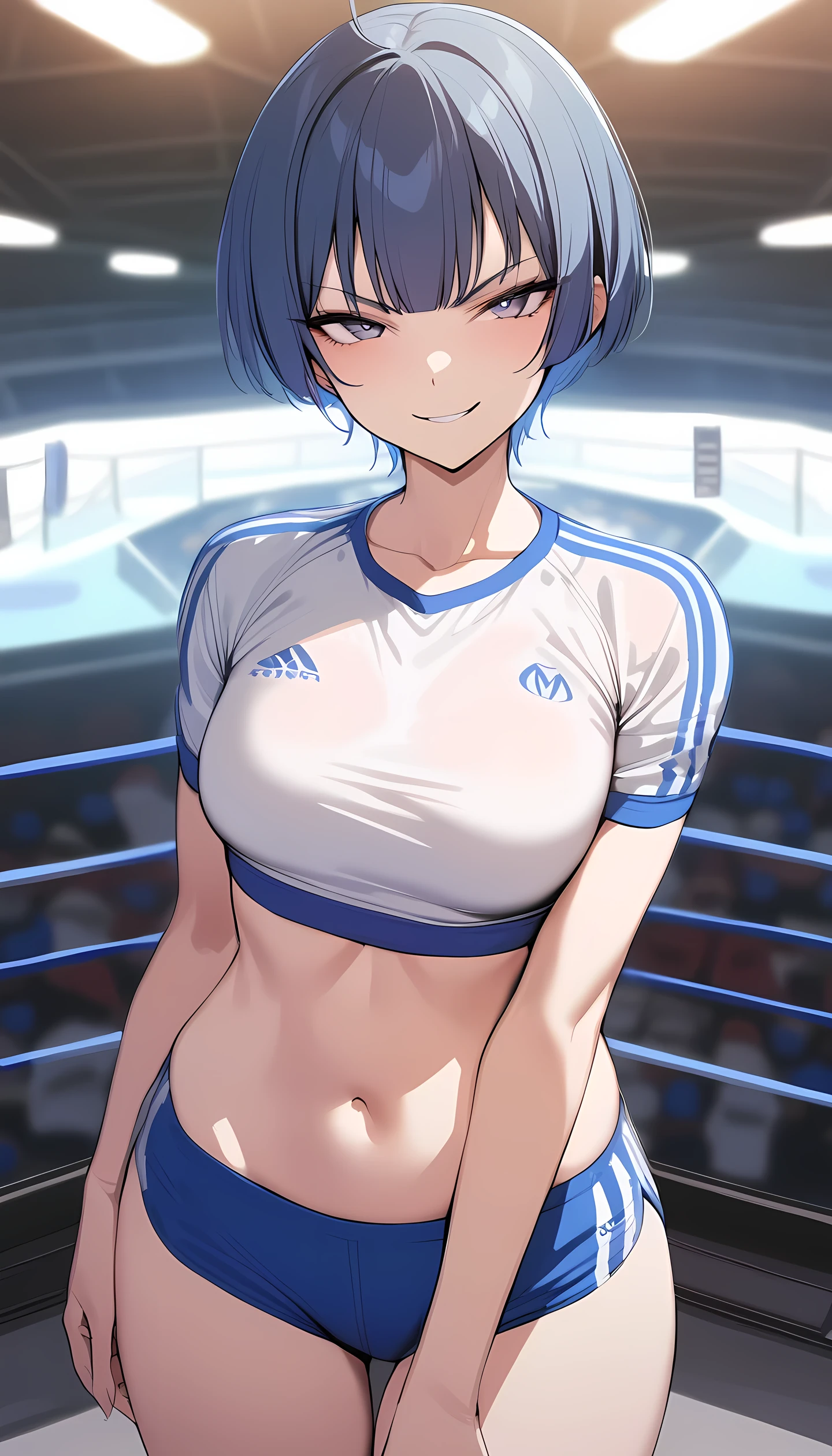 ibuki, 1girl, short hair, bangs, blue hair, purple eyes,, looking at viewer, smirk, masterpiece, best quality, (wearing sports wear:1.5, bare thigh, navel), (on MMA Arena :1.5), naughty smile, Toned stomach, cowboy shot, looking at viewer,