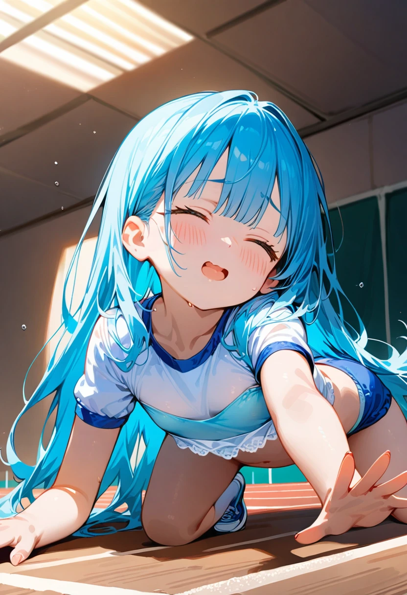 masterpiece, best quality, extremely detailed, (illustration, official art:1.1), 1 girl ,(((( light blue long hair)))), ,(((( light blue long hair)))),light blue hair, , long hair ((blush)) , cute face, masterpiece, best quality,(((((a very delicate and beautiful girl))))),Amazing,beautiful detailed eyes,blunt bangs((((little delicate girl)))),(((tareme))),****,droopy eyes.(true beautiful:1.2), sense of depth,dynamic angle,,,, affectionate smile, (true beautiful:1.2),,(tiny 1girl model:1.2),)(flat chest), (masterpiece, best quality), (chibi:1.5), from below, 1girl, lying, on stomach, (reaching out:1.4), open hands, face on floor, arched back, open mouth,
frown, wavy mouth, (motion lines:1.2), motion blur, trembling, falling down,I stumbled、I slipped. 
closed eyes, (tareme:1.3), short height,cry,

BREAK (white shirt:1.2), short sleeves, crop top,
BREAK (blue buruma:1.3), short sleeves school gym uniform, sneakers,,(track and field),((blue buruma)),(socks,shoes),(track),(athletic field), masterpiece, high quality, highly detailed,(full body shot:1.2), 