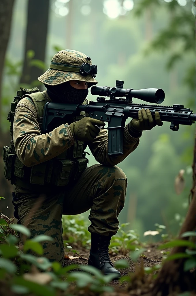 ((masterpiece)). ((best quality)), ((highres)), male focus, private military contractor, solder, mercenary, jungle camouflage battle dress uniform, cigar, aiming and firing an m16 rifle with underbarrel grenade launcher, assault rile, m16a2, m203, intense look on his face, brown hair, short hair, assault vest, jungle backdrop, gritty war atmosphere --auto --s2