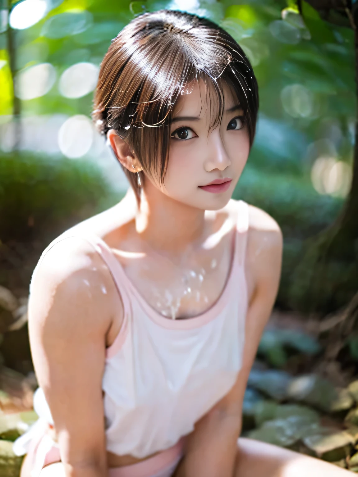 masterpiece, best quality, (realistic, photo-realistic:1.4), (RAW photo:1.2), extremely detailed CG unity 8k wallpaper, delicate and beautiful, amazing, finely detail, official art, absurdres, incredibly absurdres, huge filesize, ultra-detailed, extremely detailed, extremely detailed girl, extremely detailed eyes and face, light on face,little smile,hinata hyuuga,(blunt bangs:1.2),short hair,(dark blue hair:1.25),wearing cream tank top,(teen girl:1.7),close up,waterfall