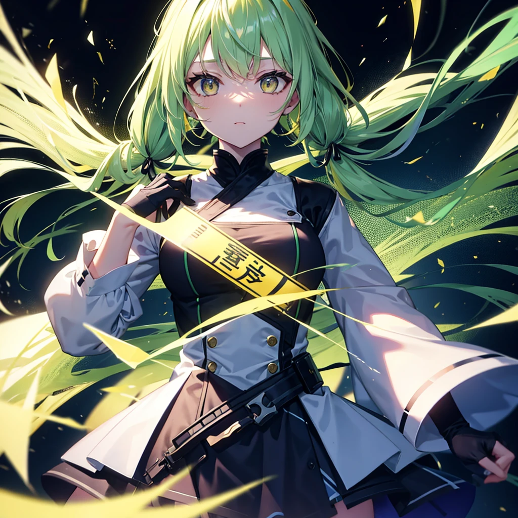 傑Pastel green long twin tails, Yellow Eyes, Long Bangs, Making anime，Highest quality, Highly detailed face，Straight hair, {{{Large mechanical wings spread on both sides.}}}, （pastel colour：1.2，Dark studio，Edge Light，Two-tone lighting，that&#39;dim，base，),Combat cyborg, {{{{{bangs that cover one eye}}}}}, {{{{{Woman illustration}}}}}, 8K quality, Highest quality, masterpiece, Kind woman, Dark atmosphere, Pastel green long twin tails, Yellow Eyes, Long Bangs, A scene from a science fiction movie,Cyborg Woman, A full-body green armor, {{{{{Wearing a pastel green mech suit}}}}}, Sadistic smile, Against a backdrop of an elaborate mechanical city、Details of a ruined future city, Smiling Kindly, 7 Head to Body, Shut your mouth.,Proud face, Detailed Background,Maximum details,Full body illustration, Has a beam weapon, Phantasy Star Online,Narrow eyes,30 years old, In combat,White Long Boots, avert your eyes, White cape from the waist,{{{Asymmetrical hairstyle}}},