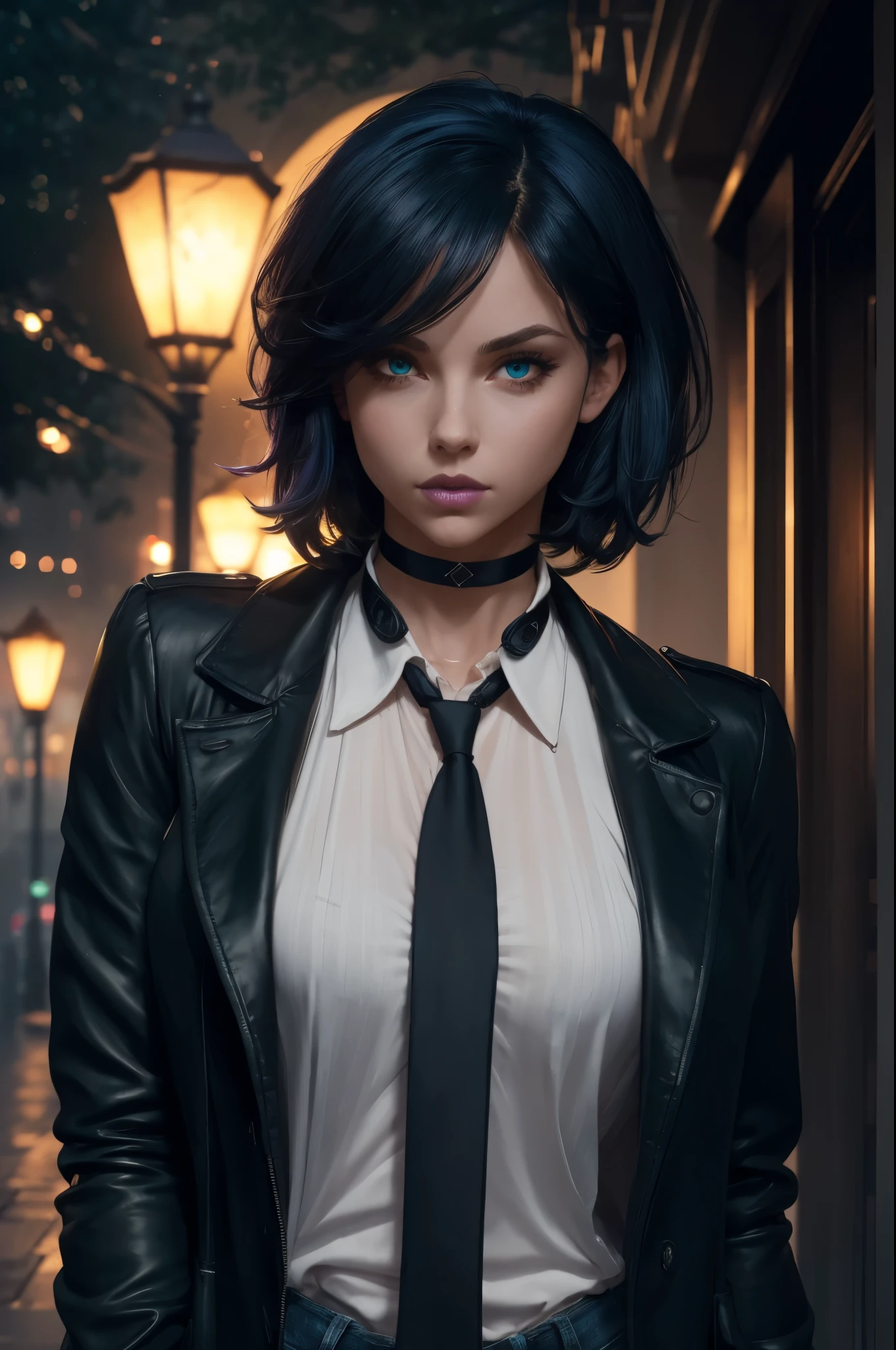 {{{{{masterpiece, best quality, official art, 8k, high resolution illustration}}}}}, grey theme, {{{{{{extremely detailed, detailed face, intricate details, lush detail, insanely detailed face, heterochromia}}}}}}, glowing eyes, green eyes, red eyes, {{{cinematic lighting, natural light}}}, 1girl, {{serious}}, {{{{rain}}}}, {city}, {{fog}}, city out of glass, {collared shirt}, solo, jacket, {{black coat}}, {{{coat on shoulders}}}, {thunder storm}, {dark blue necktie}, untied necktie, {{{dark blue hair}}, {{disheveled hair}}, {{high detailed big crystal on the choker}}, {{{purple lips}}}, {lipstick on the lips}, mascara, {{{{disheveled hair}}}}, short hair, white shirt, {under a detailed street lamp}, small breasts, nose, black jeans, legs, full body, perfect hands, perfect eyes, perfect fingers