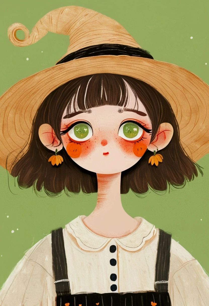 A painting，Pastel Art：Halloween。Girl wearing witch hat。。Big green eyes，short hair，lol，teeth。Lovely的艺术风格, Lovely细致的数字艺术, Lovely的数字艺术, Lovely的艺术品, 卡哇伊写实portrait, Change, Lovely的数字, Lovely。portrait, Benefits, Lovely的角色, Lovely 多彩 Lovely
绿色背景