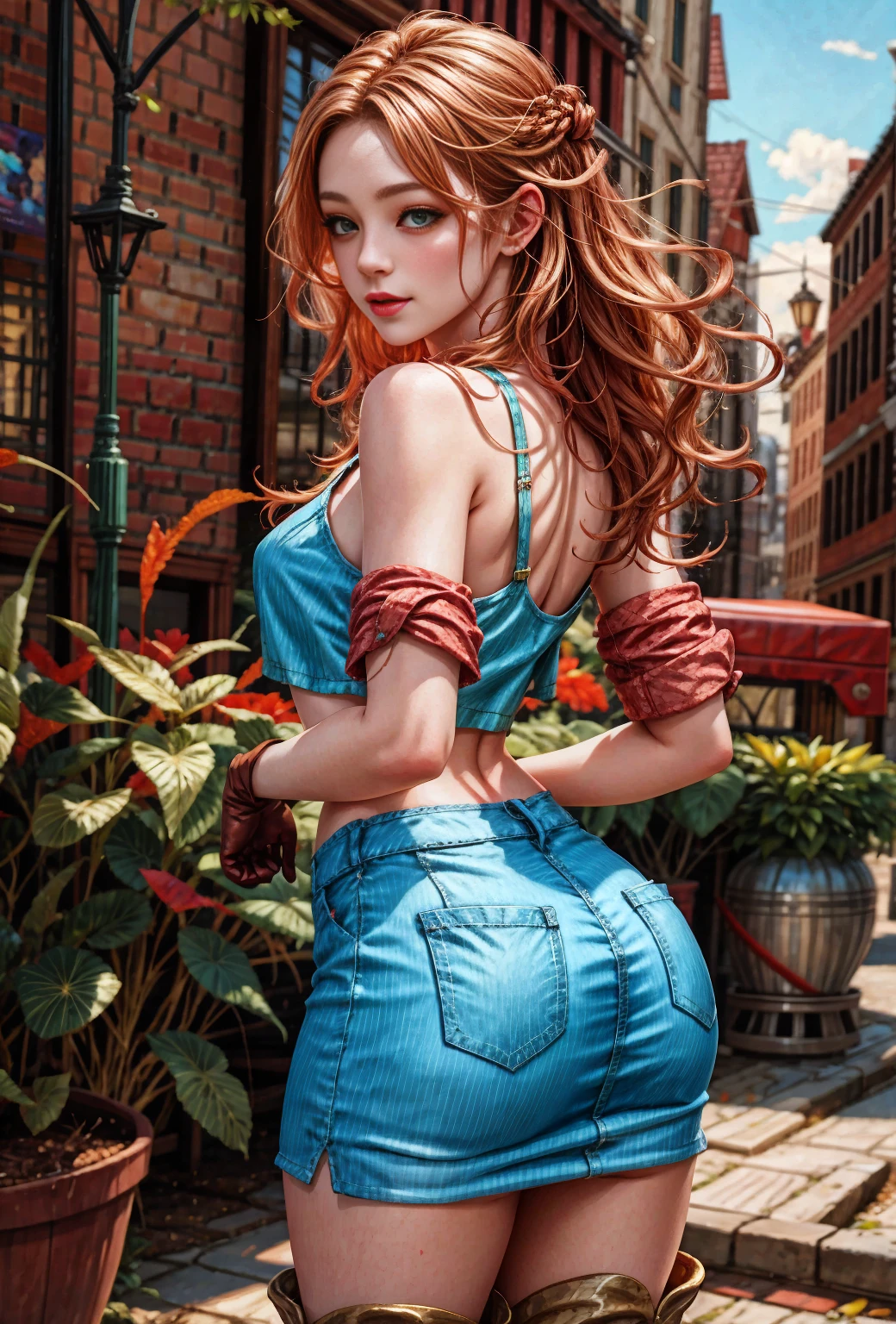 (illustration, best quality, realistic illustration, very detailed), beautiful, Sexy female sculptor with long blonde hair and green eyes, Wearing a black crop top, blue pencil skirt, Red boots, And white gloves, Posing from behind with a shy smile, (best quality,4K,8k,masterpiece:1.2), Super detailed, (realistic,photorealistic,photo-realistic:1.37),very detailed 얼굴, Complicated hair, vivid colors, dramatic lighting, Cinematic composition, elegant, elegant 자세, attractive, sensual, Atmospheric Background, professional photoshooting, best illustration,