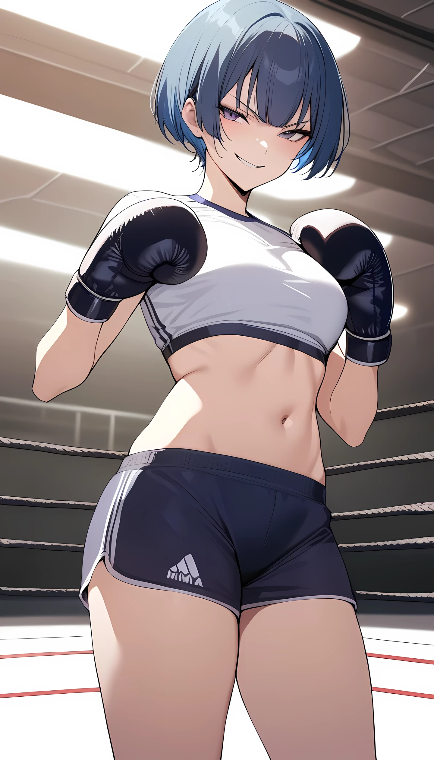 ibuki, 1girl, short hair, bangs, blue hair, purple eyes, masterpiece, best quality, (wearing sports wear:1.5, boxing gloves, bare thigh, navel), (on MMA Arena :1.5), smirk, Toned stomach, cowboy shot, looking at viewer,