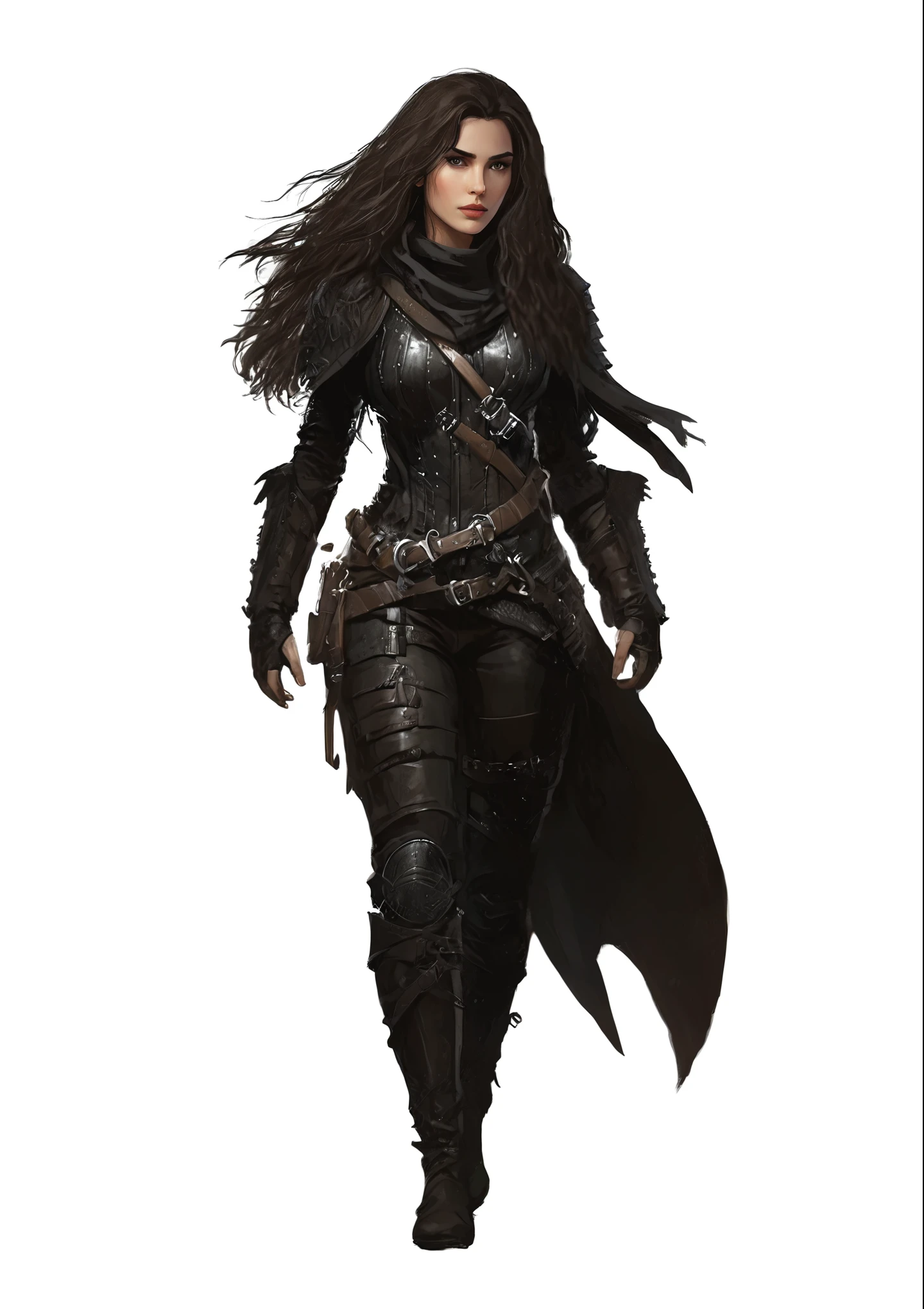 arafed warrior in full armor walking with sword, dark fantasy character design, female assassin, rpg concept art character, Yennefer, yennefer of vengerberg, female character, stunning character art, wearing assassin leather armor, beautiful female assassin, dark leather armor, female main character, epic and exquisite character art, in leather armor, warrior vampire woman