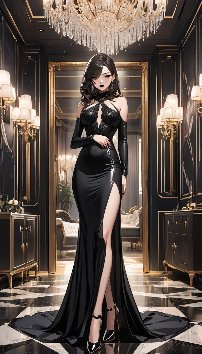 Ultimate Douluo Lan Xuanyu sexy evening dress,Lace hollow transparent camisole underwear,dark,Nervous fun,sit,Lan Xuanyu women's clothing golden dragon princess,萝莉dark晚礼服高跟鞋,Sexy lace front split legs,All black sexy lace hollow transparent sling evening dress high heels