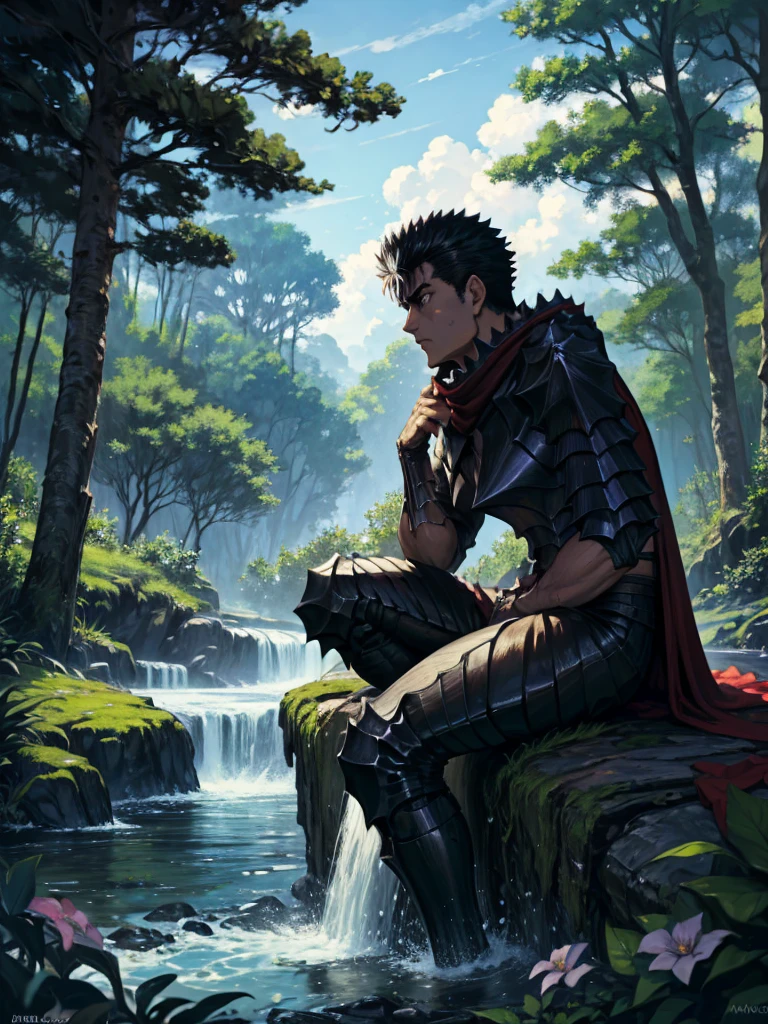 Guts of Berserk, sitting on the ground with his back resting against a tree trunk , Sua espada "Dragon slayer" leaning on your side, jaded, Expression of exhaustion, enjoying the forest landscape, with streams, beautiful sky, trees and flowers, 4K, cores dark