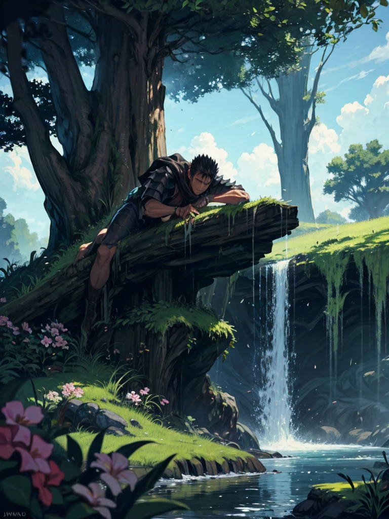 Guts of Berserk, sitting on the ground with his back resting against a tree trunk , Sua espada "Dragon slayer" leaning on your side, jaded, Expression of exhaustion, enjoying the forest landscape, with streams, beautiful sky, trees and flowers, 4K, cores dark