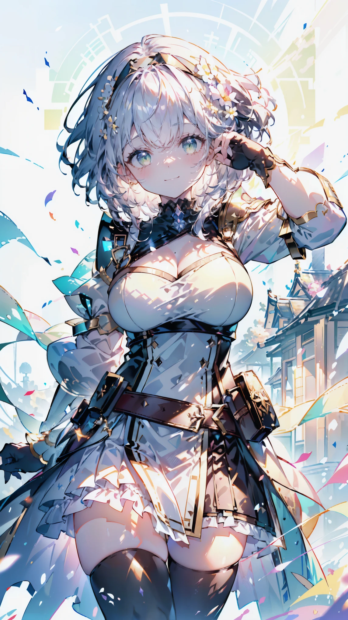 (Highest quality, masterpiece, Very detailedな, Very detailed, Exquisite, 16K,Full HD),(White Background:1.5),A little closer,(Dramatic lighting,pastel colour),smile,(seems to be happy)grab the hem of the dress,sun光,grassland,null(Floating in the air),Soft lighting, ((alone:1.5)),(晴れ渡ったnull,青null,rainbow,sun,午前のnull,sunny),Gentle breeze,Magical Forest,flower,wood,flower畑,葉っぱとflowerびらが舞う,From above,((head shot)),画面いっぱいのflower,(Fairy Princess, Purple eyes, Long eyelashes,White skin,slim,pale pink plump lips,Pale pink cheeks, The wind is blowing,(腰の少しFrom above巨大な妖精の羽:1.5),sunの光に反射した,sunの魔法,flowerのティアラ,Diamond Earrings,Diamond Choker,(Narrow waist,Fluffy white ball gown dress, Lace and frills),(smile:1.2), (Fantasy, Romantic atmosphere:1.2), aanoel, medium hair, green eyes, hairband, blue collar, shoulder armor, cleavage, mole on breast, armored dress, Chest belt, gold trim, fingerless gloves, black gloves, brown belt, pouch, pelvic curtain, black thighhighs
