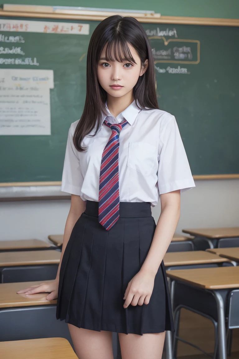 Highest quality,Ultra-high resolution,high school girl,1 person,whole body,Black Hair, Cool look,Looking into the camera,Beautiful Skin,High School Uniform, tie,Small breasts,Check skirt,Classroom after school,Standing pose、I&#39;m showing my panties