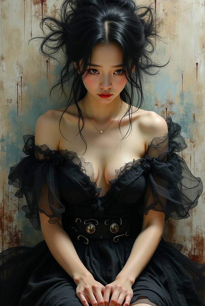 close up with a beautiful Gothic women Indonesia Japan Malaysia naked without clothes half naked And standing with both hands up, Her breasts are very big and very firm.,real photography, realistic, original, with droste style