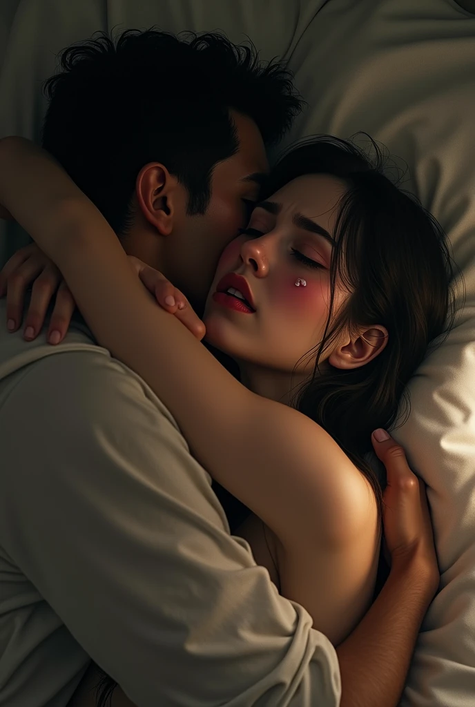 Sensual couple kissing tangled in sheets